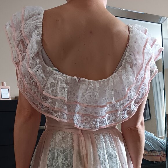 Vintage Pink Swiss Dot Lace Dress Cottagecore Prairie Frilly Dress Lolita - Picture 3 of 9
